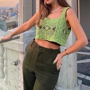 Zara Lime Green Crochet Crop Tank Top